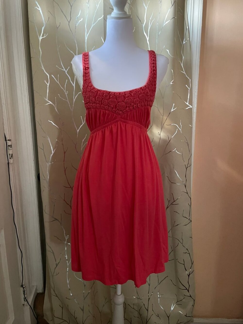 Sundress w Embellished Bodice in Hot Coral - Pockets, Knee-length